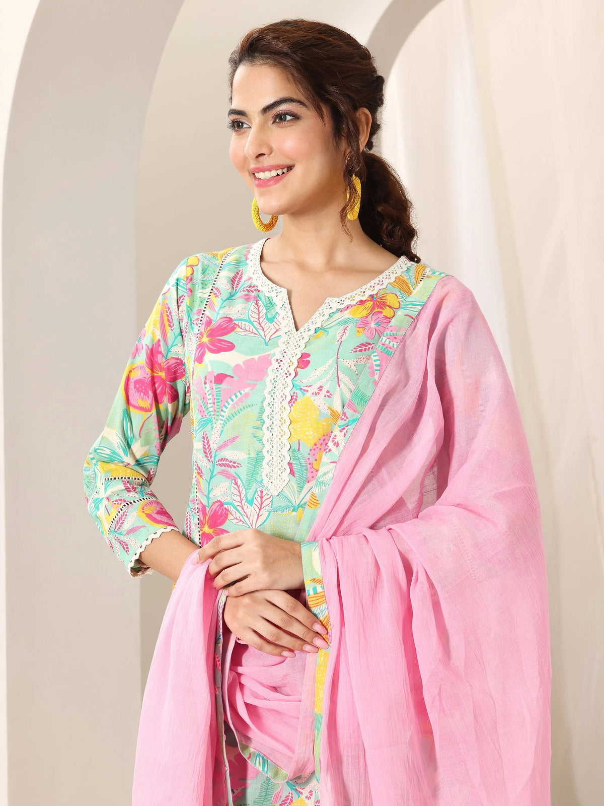 Anouk Turquoise Blue Printed Cotton Straight Suit Set With Dupatta