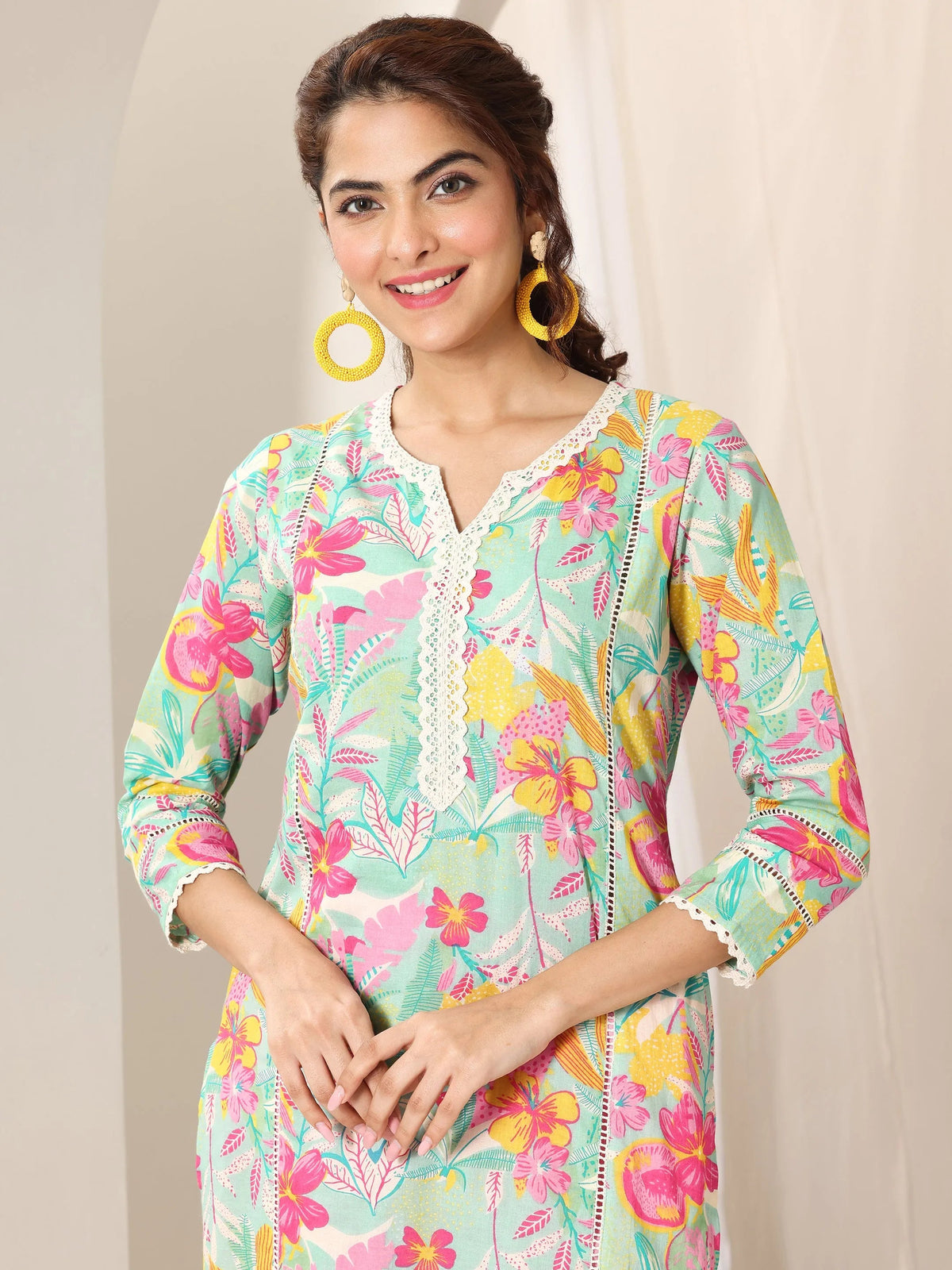 Anouk Turquoise Blue Printed Cotton Straight Suit Set With Dupatta