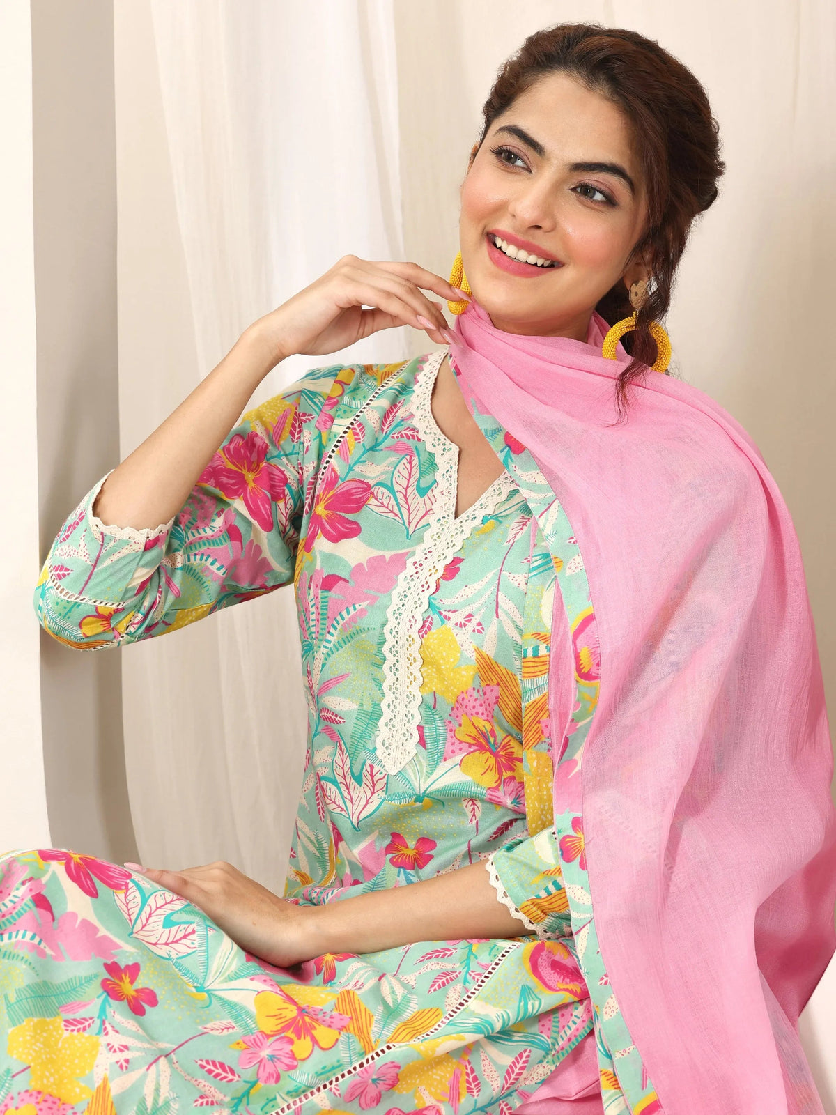 Anouk Turquoise Blue Printed Cotton Straight Suit Set With Dupatta