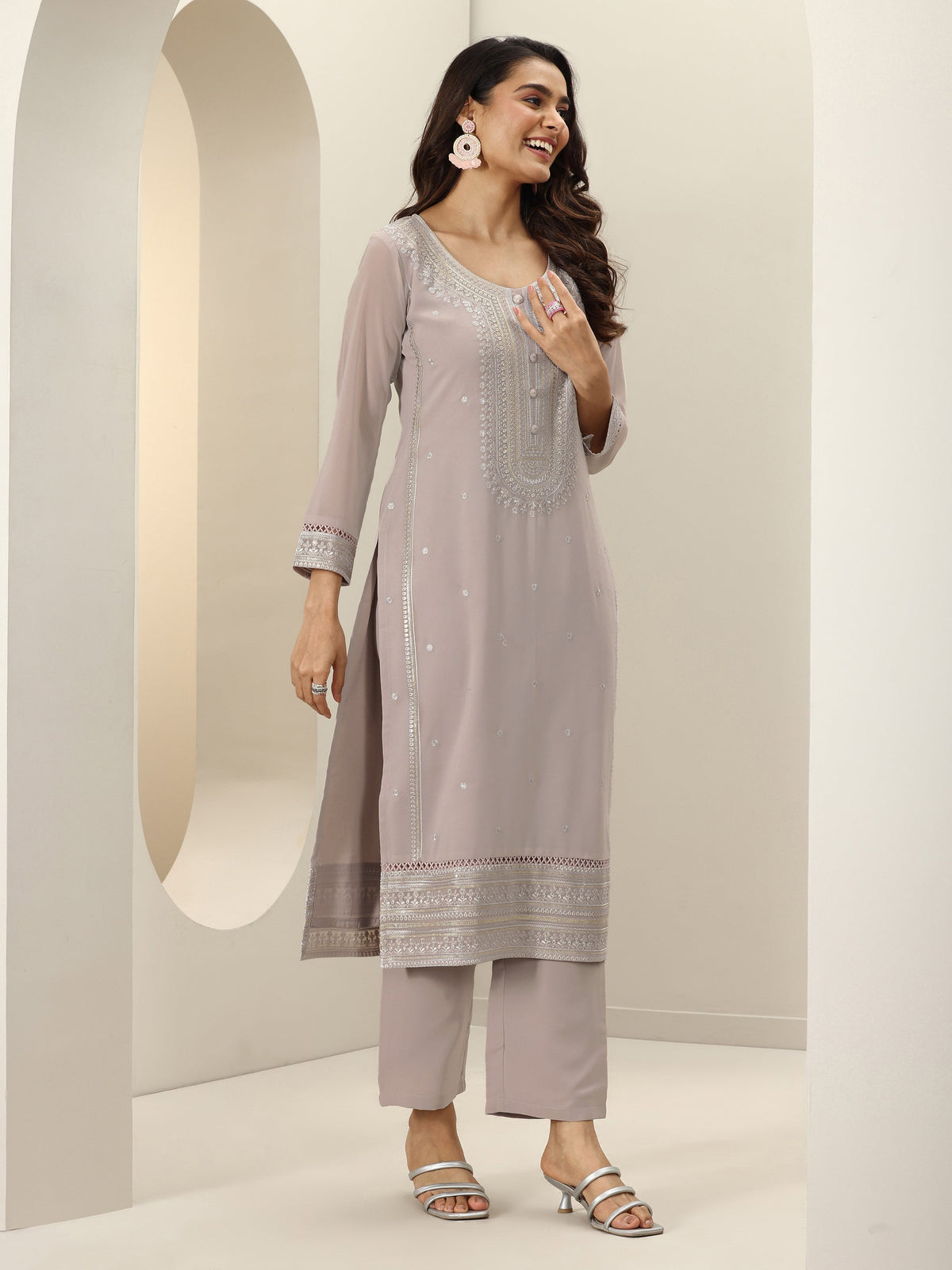Anouk Grey Embroidered Georgette Straight Suit Sets With Dupatta
