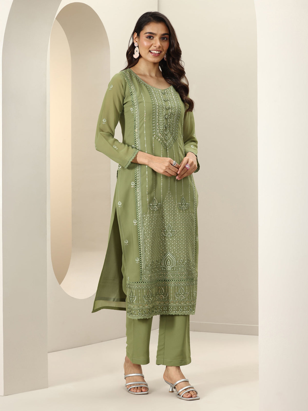 Anouk Green Embroidered Georgette Straight Suit Sets With Dupatta