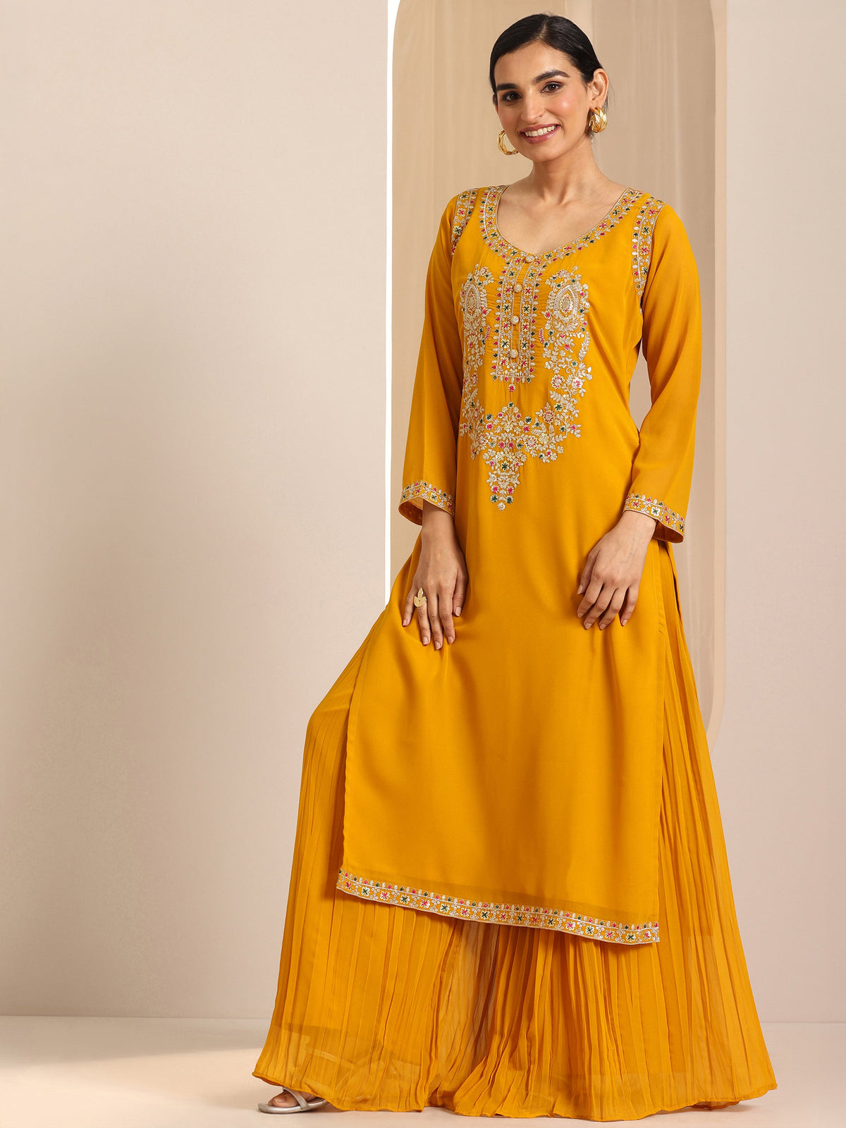 Anouk Mustard Embroidered Georgette Straight Suit Set With Dupatta