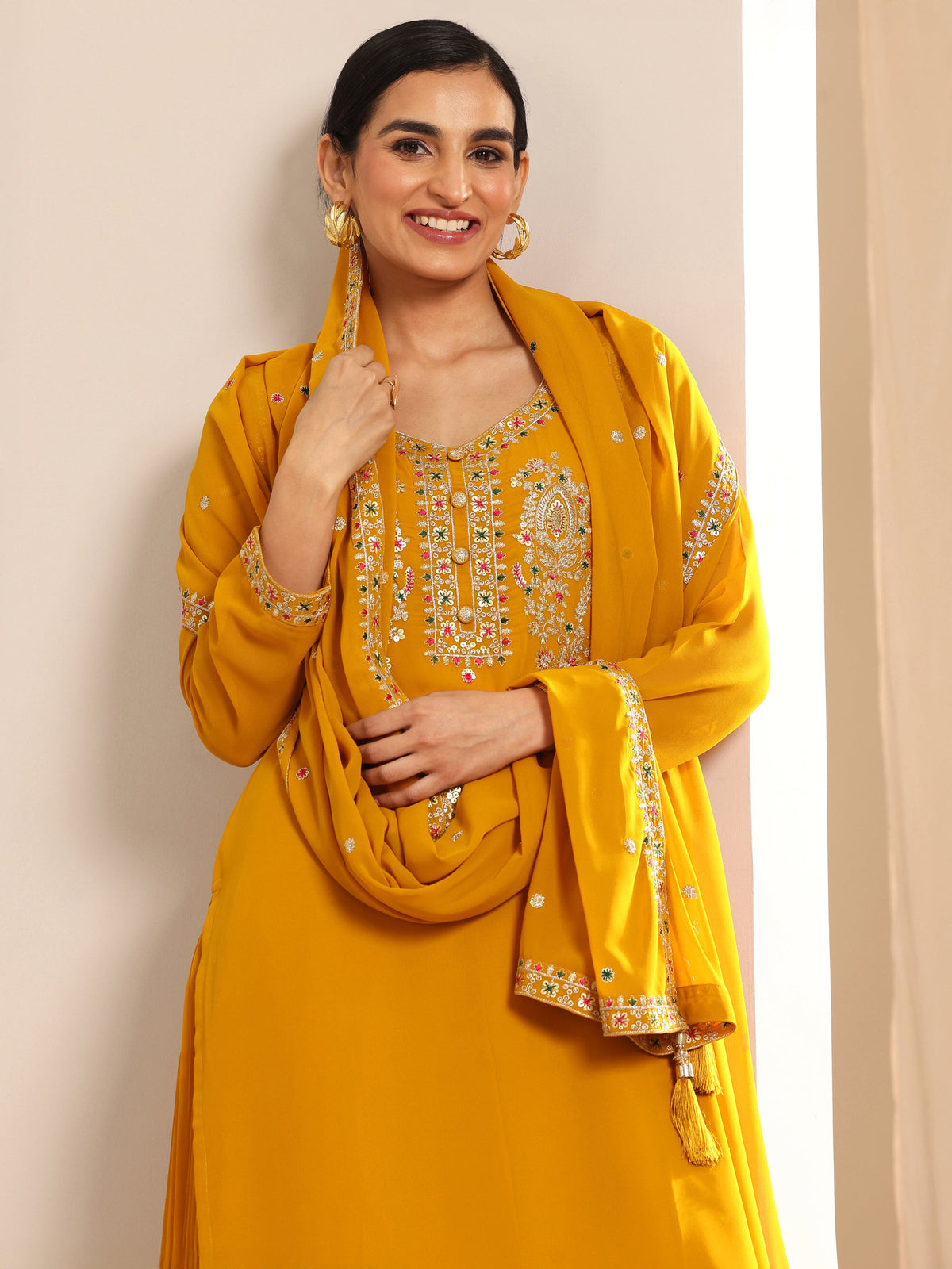 Anouk Mustard Embroidered Georgette Straight Suit Set With Dupatta