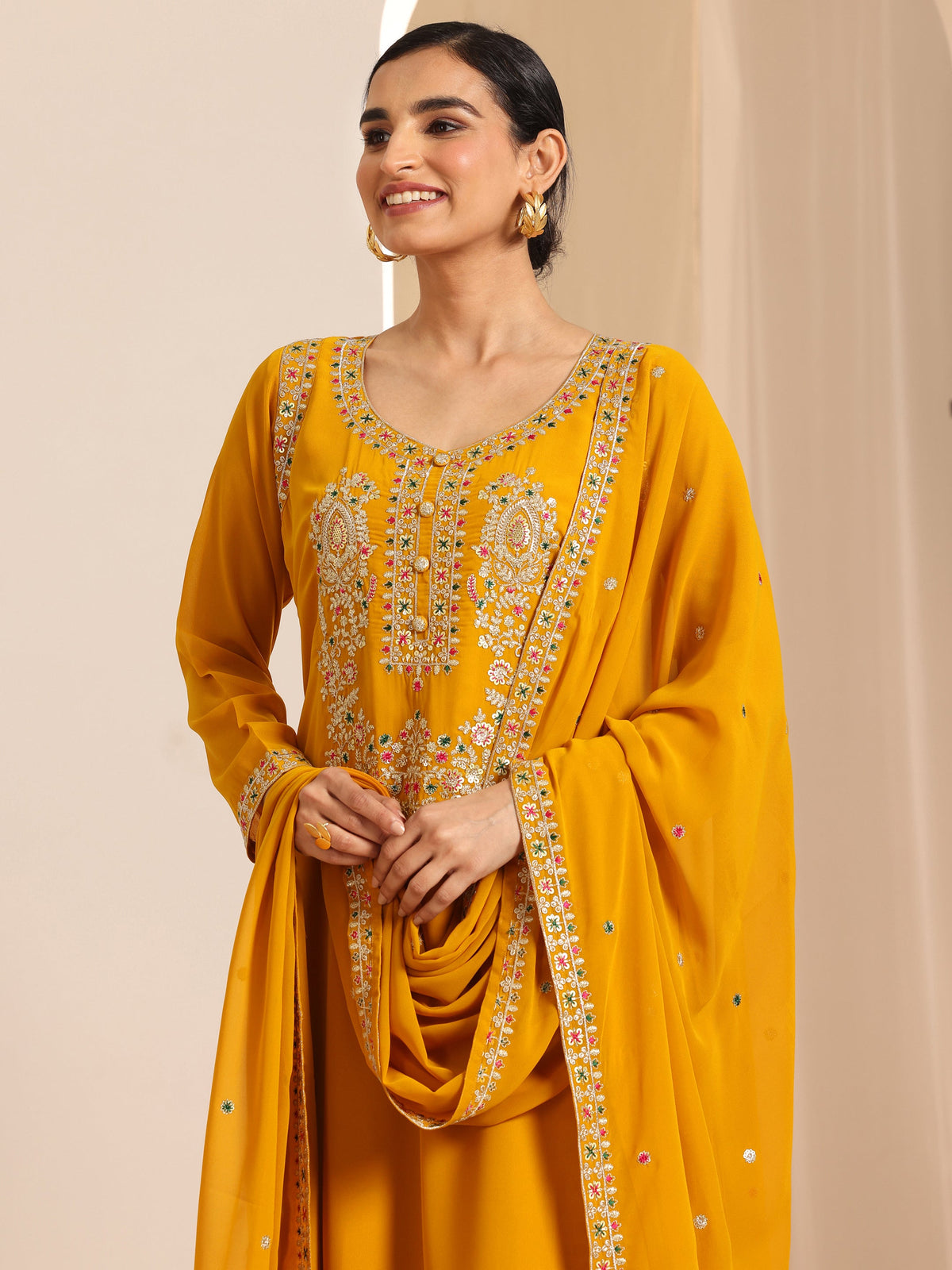 Anouk Mustard Embroidered Georgette Straight Suit Set With Dupatta