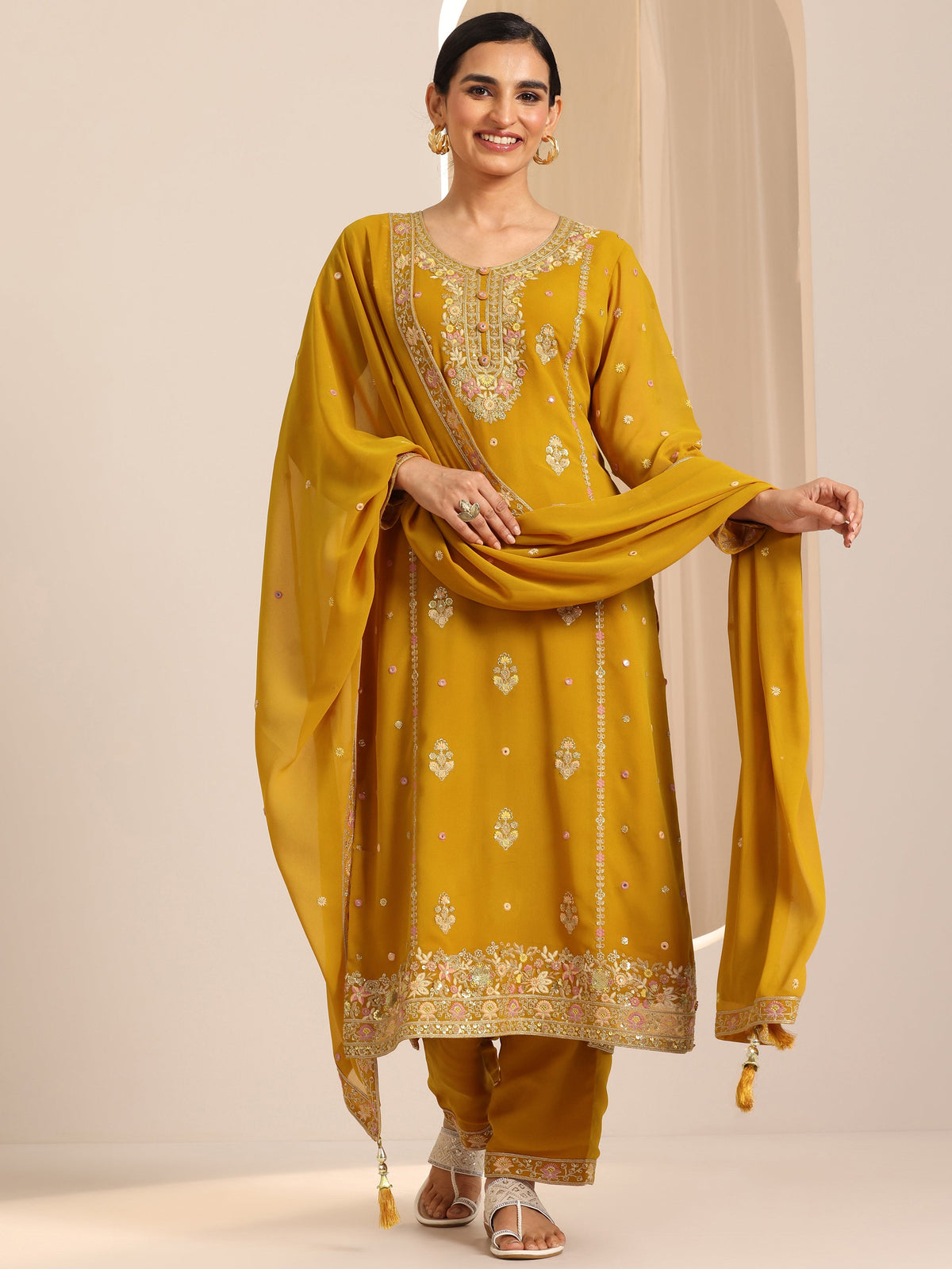 Anouk Mustard Embroidered Georgette Straight Suit Set With Dupatta