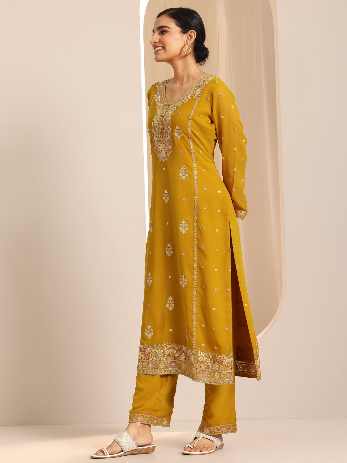 Anouk Mustard Embroidered Georgette Straight Suit Set With Dupatta