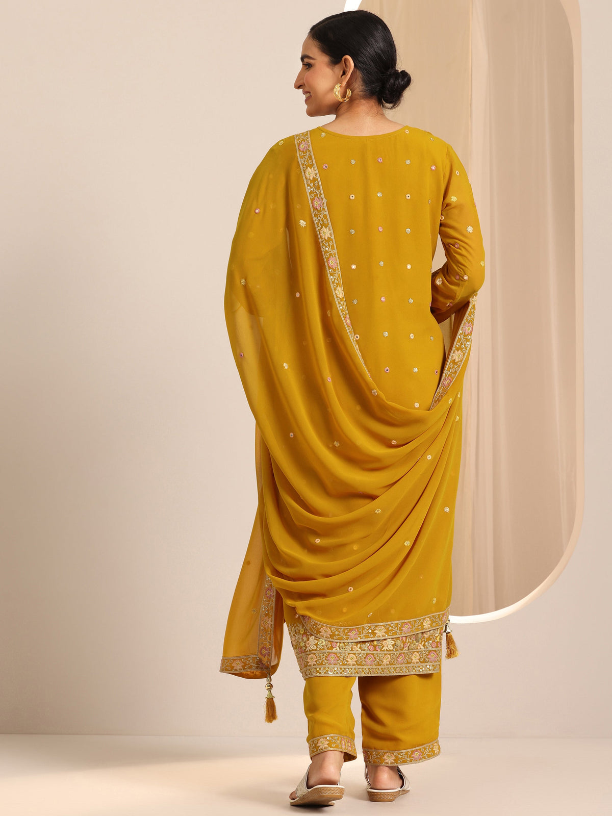 Anouk Mustard Embroidered Georgette Straight Suit Set With Dupatta