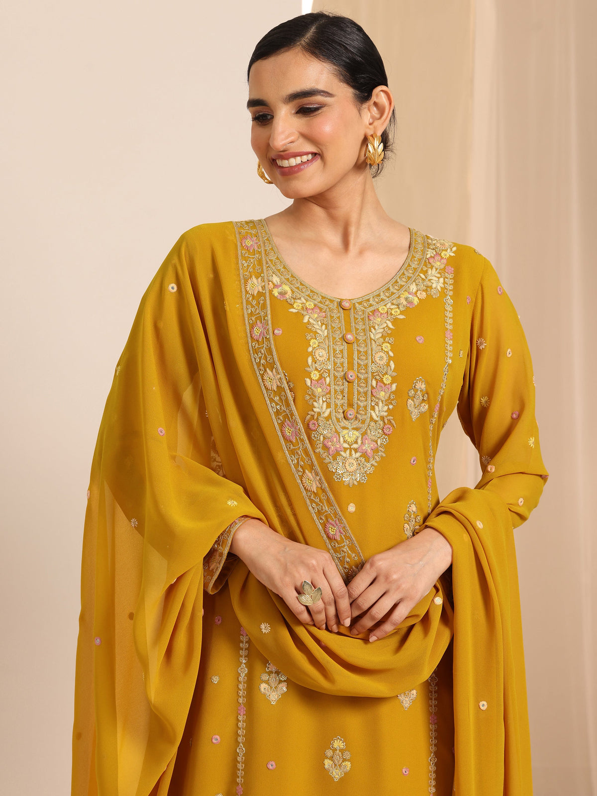Anouk Mustard Embroidered Georgette Straight Suit Set With Dupatta