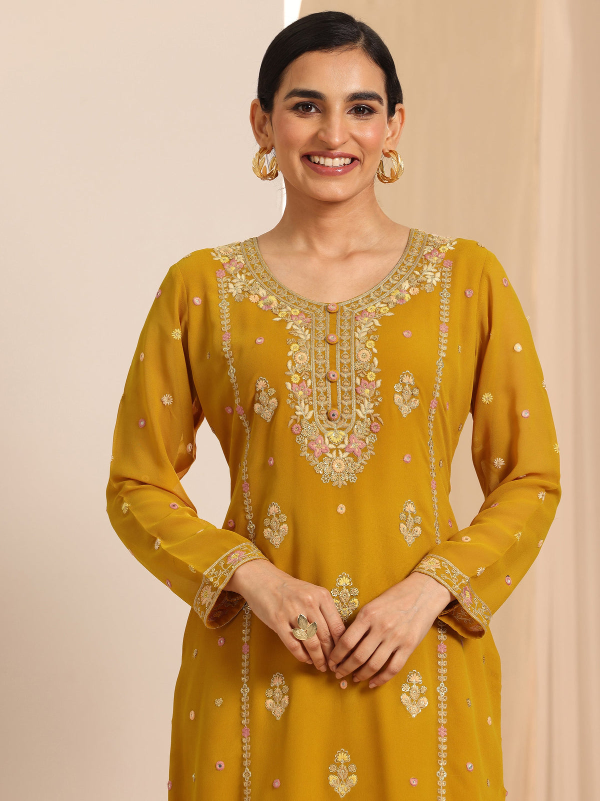 Anouk Mustard Embroidered Georgette Straight Suit Set With Dupatta