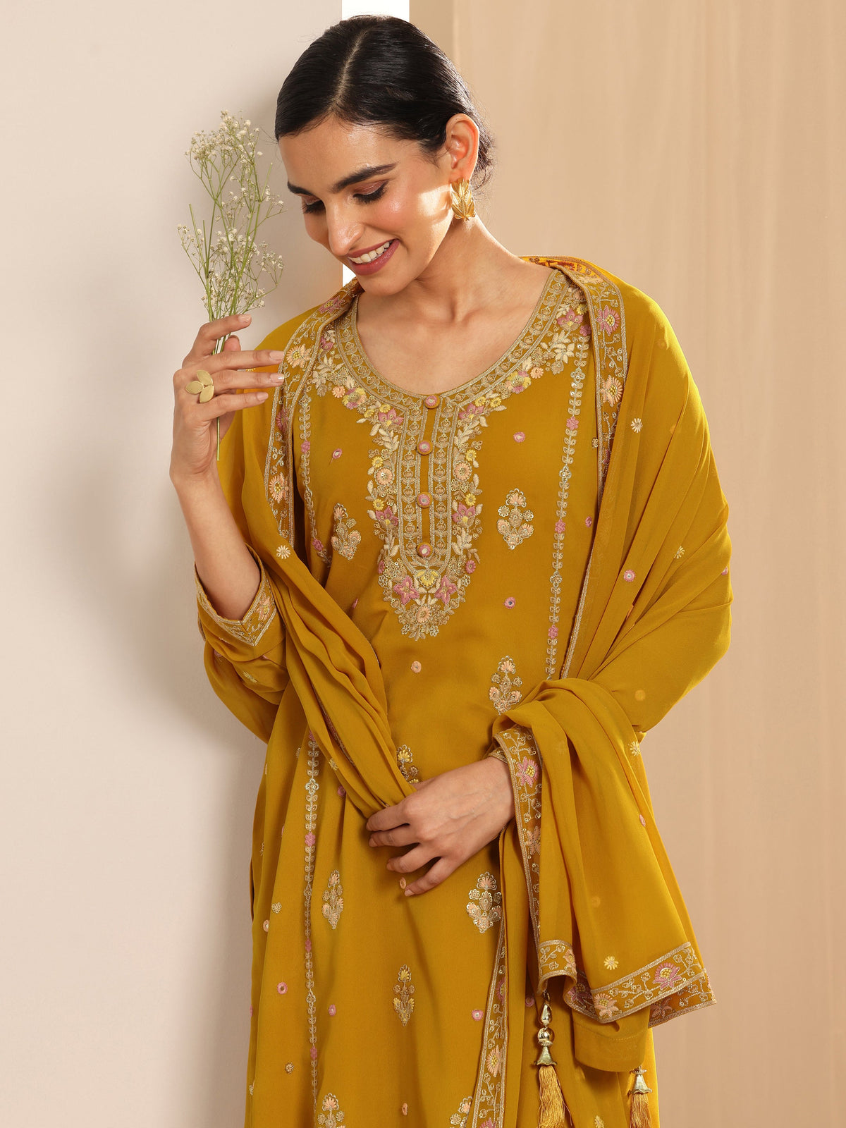 Anouk Mustard Embroidered Georgette Straight Suit Set With Dupatta