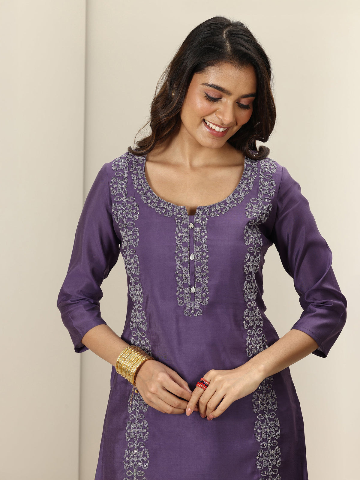 Anouk Purple Embroidered Silk Blend Straight Suit Sets With Dupatta