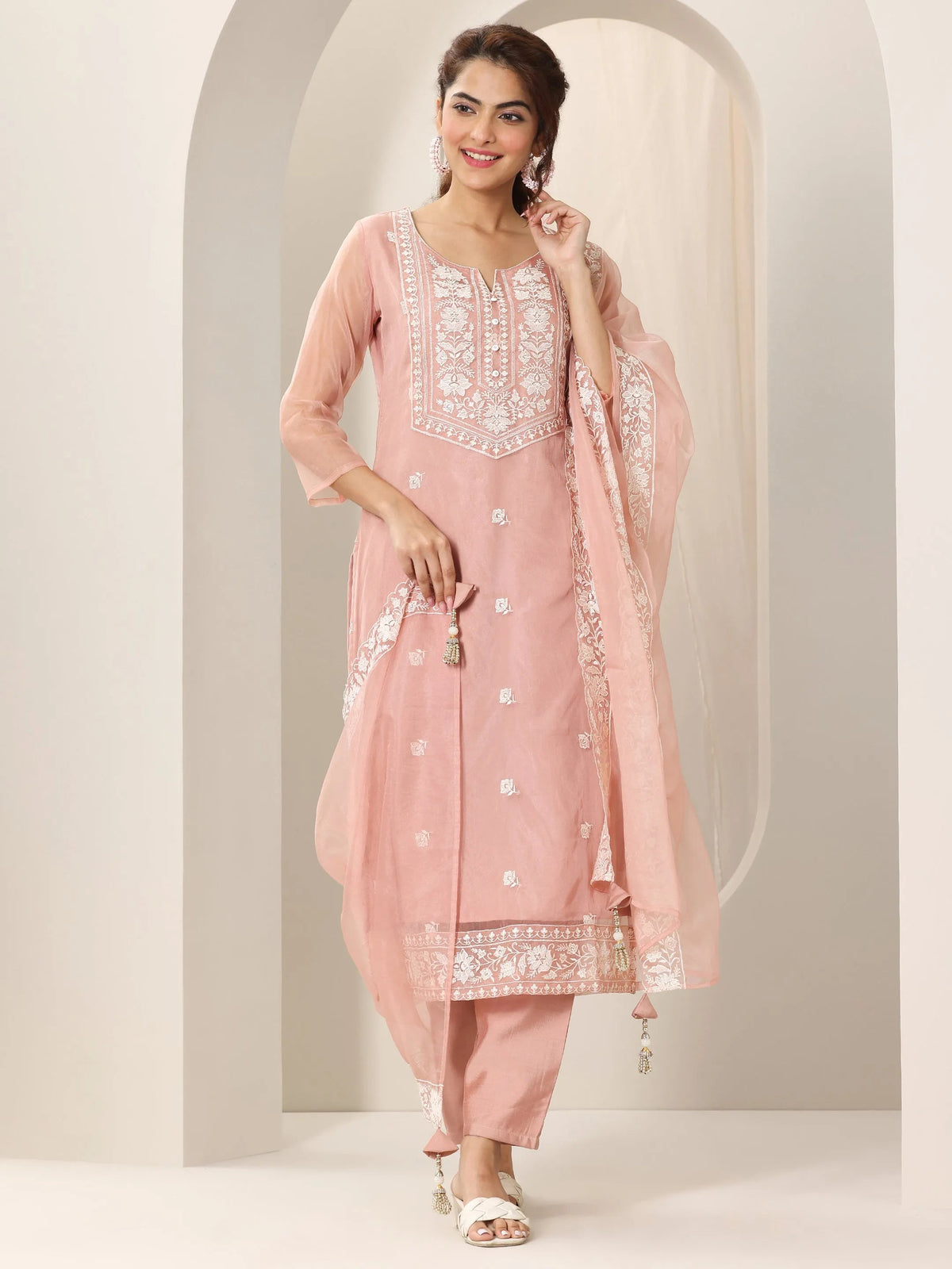 Anouk Peach Embroidered Organza Straight Suit Set With Dupatta