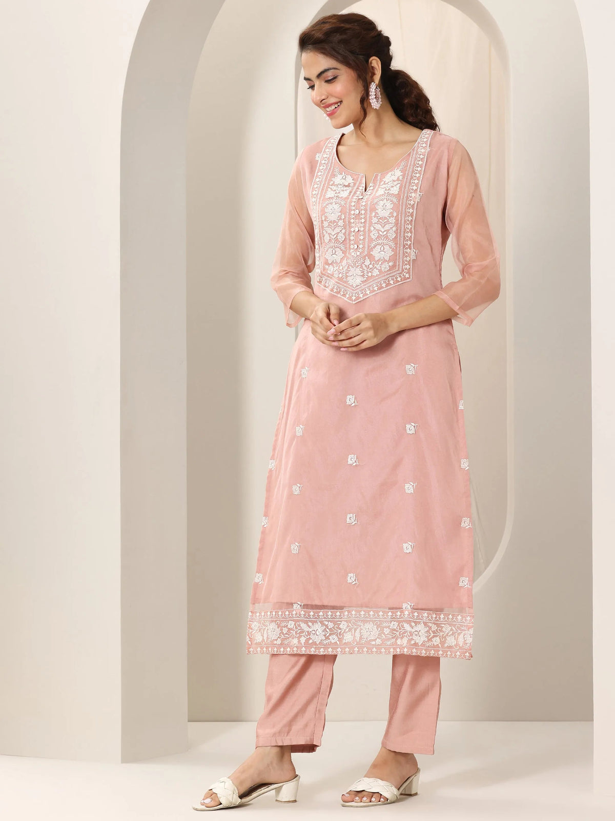Anouk Peach Embroidered Organza Straight Suit Set With Dupatta