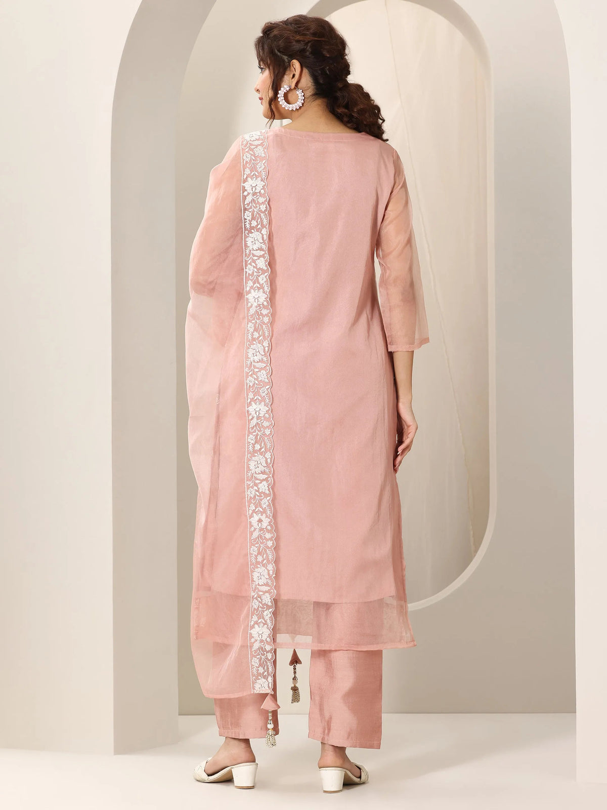 Anouk Peach Embroidered Organza Straight Suit Set With Dupatta
