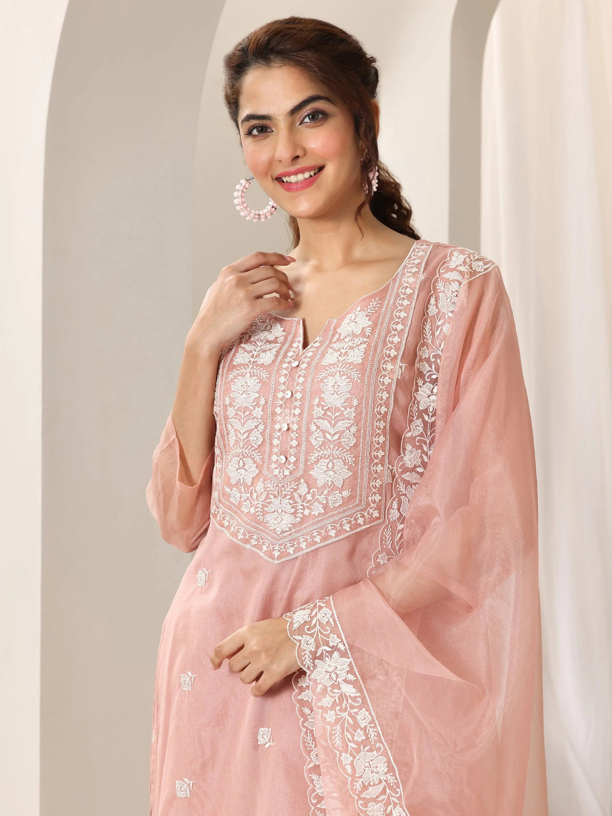 Anouk Peach Embroidered Organza Straight Suit Set With Dupatta