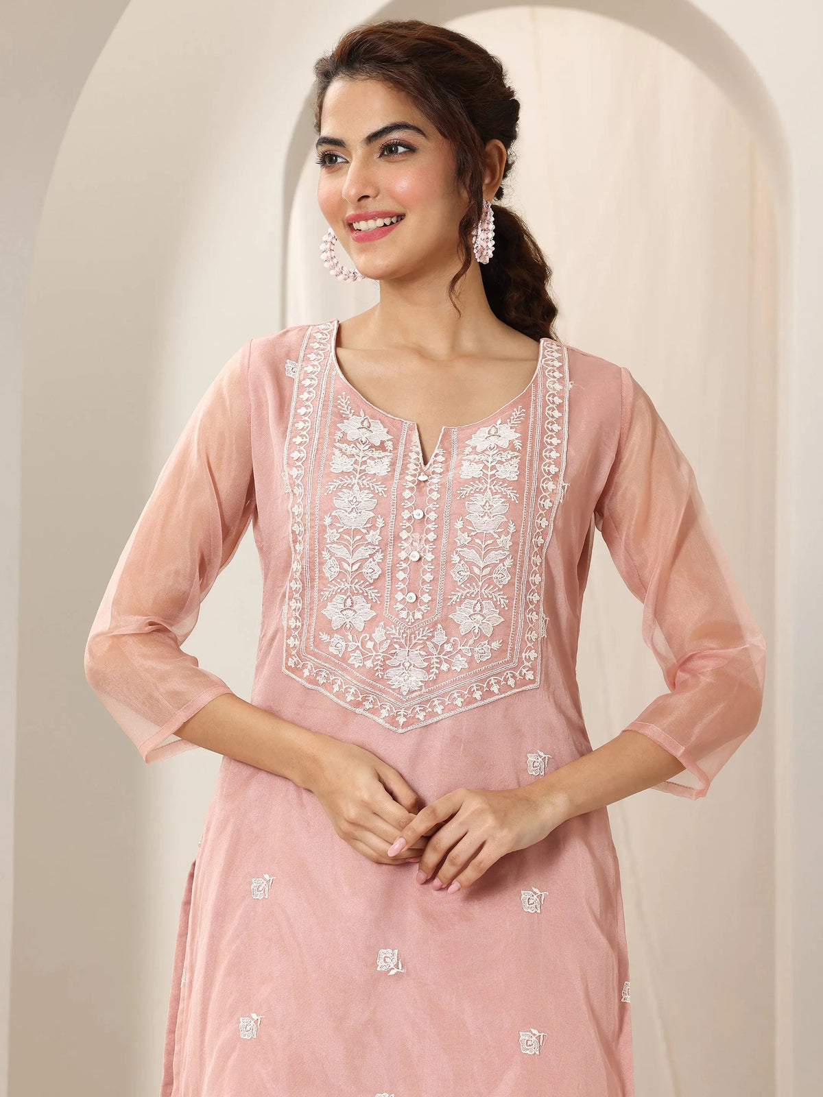 Anouk Peach Embroidered Organza Straight Suit Set With Dupatta