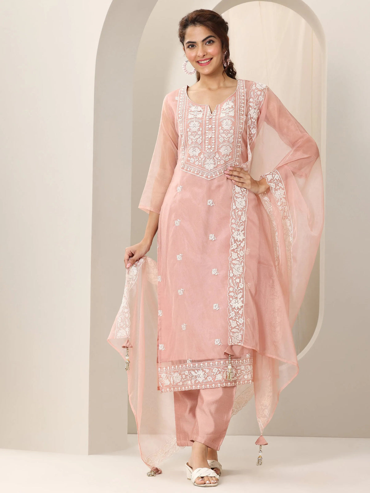 Anouk Peach Embroidered Organza Straight Suit Set With Dupatta