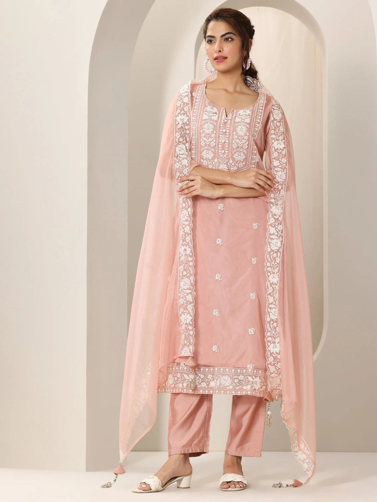 Anouk Peach Embroidered Organza Straight Suit Set With Dupatta