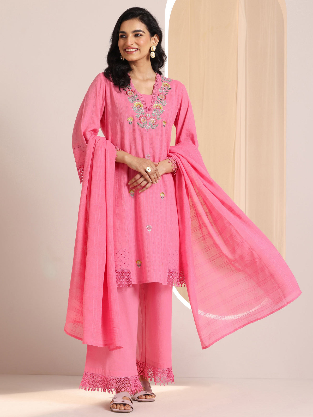Anouk Pink Embroidered Cotton Straight Suit Set With Dupatta