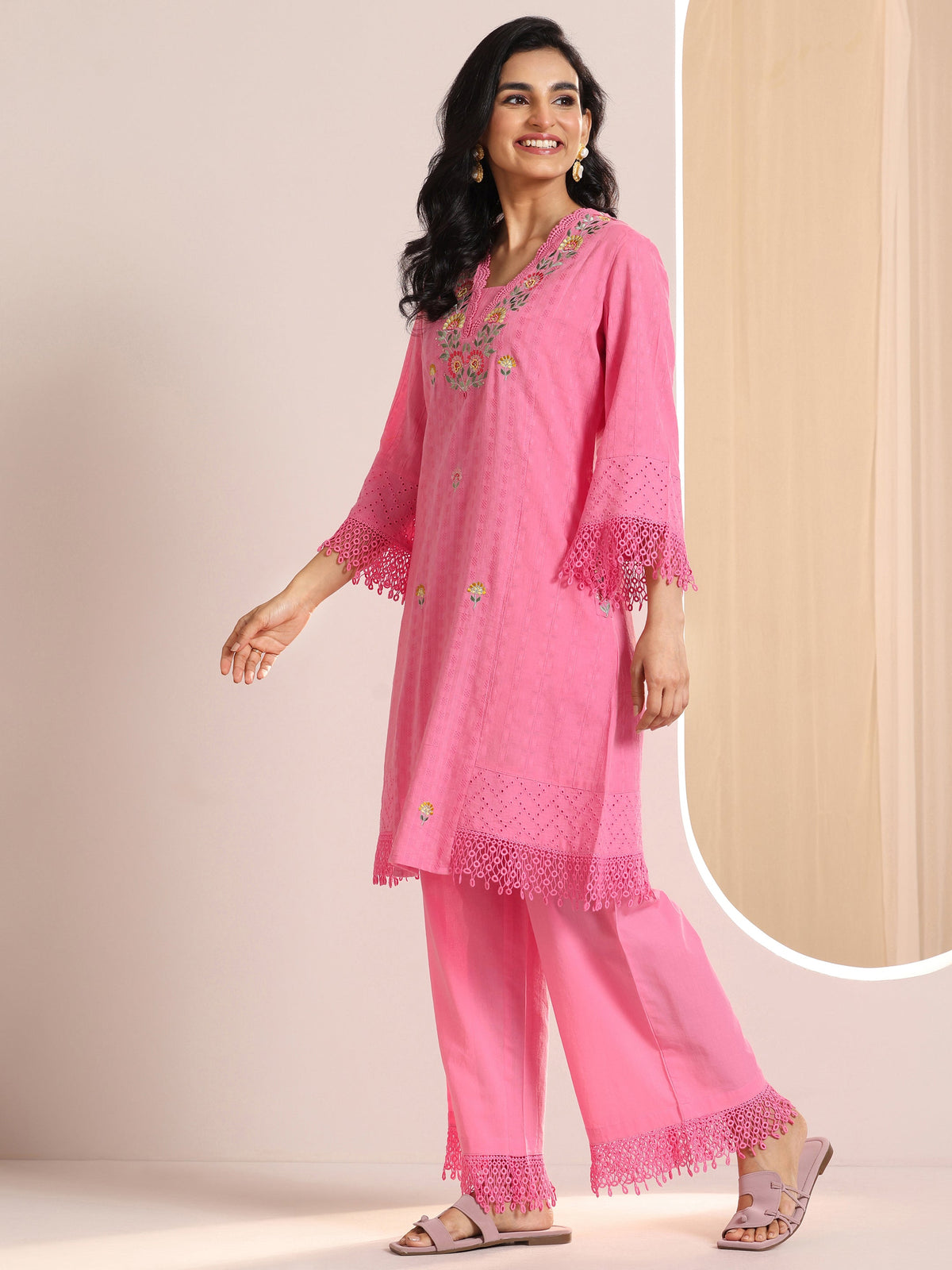 Anouk Pink Embroidered Cotton Straight Suit Set With Dupatta