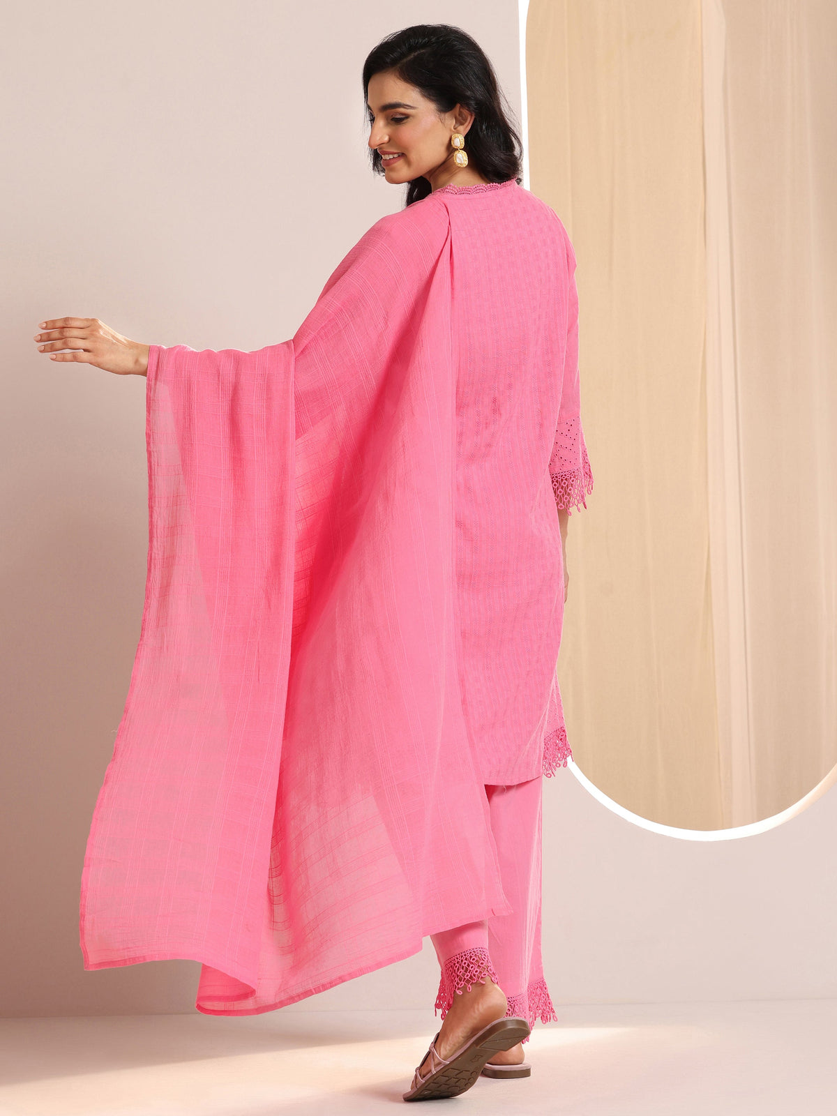 Anouk Pink Embroidered Cotton Straight Suit Set With Dupatta