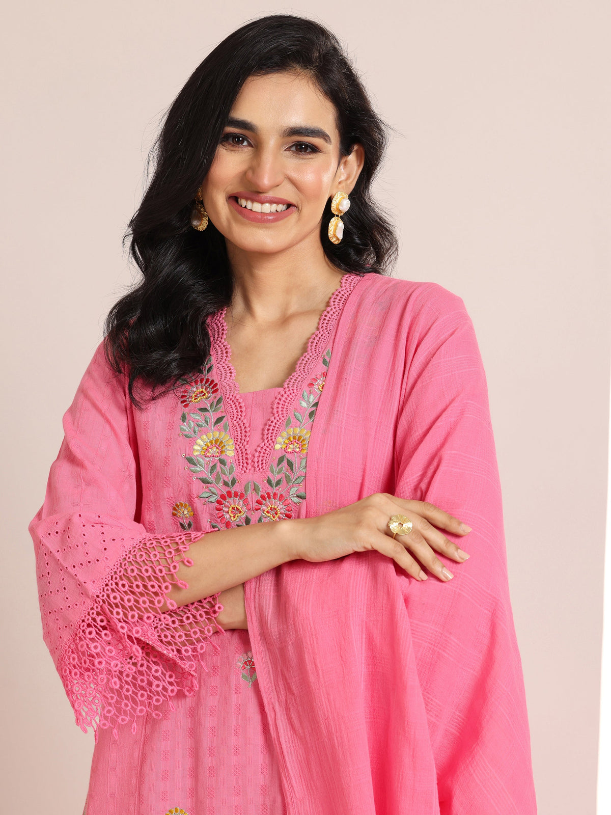 Anouk Pink Embroidered Cotton Straight Suit Set With Dupatta