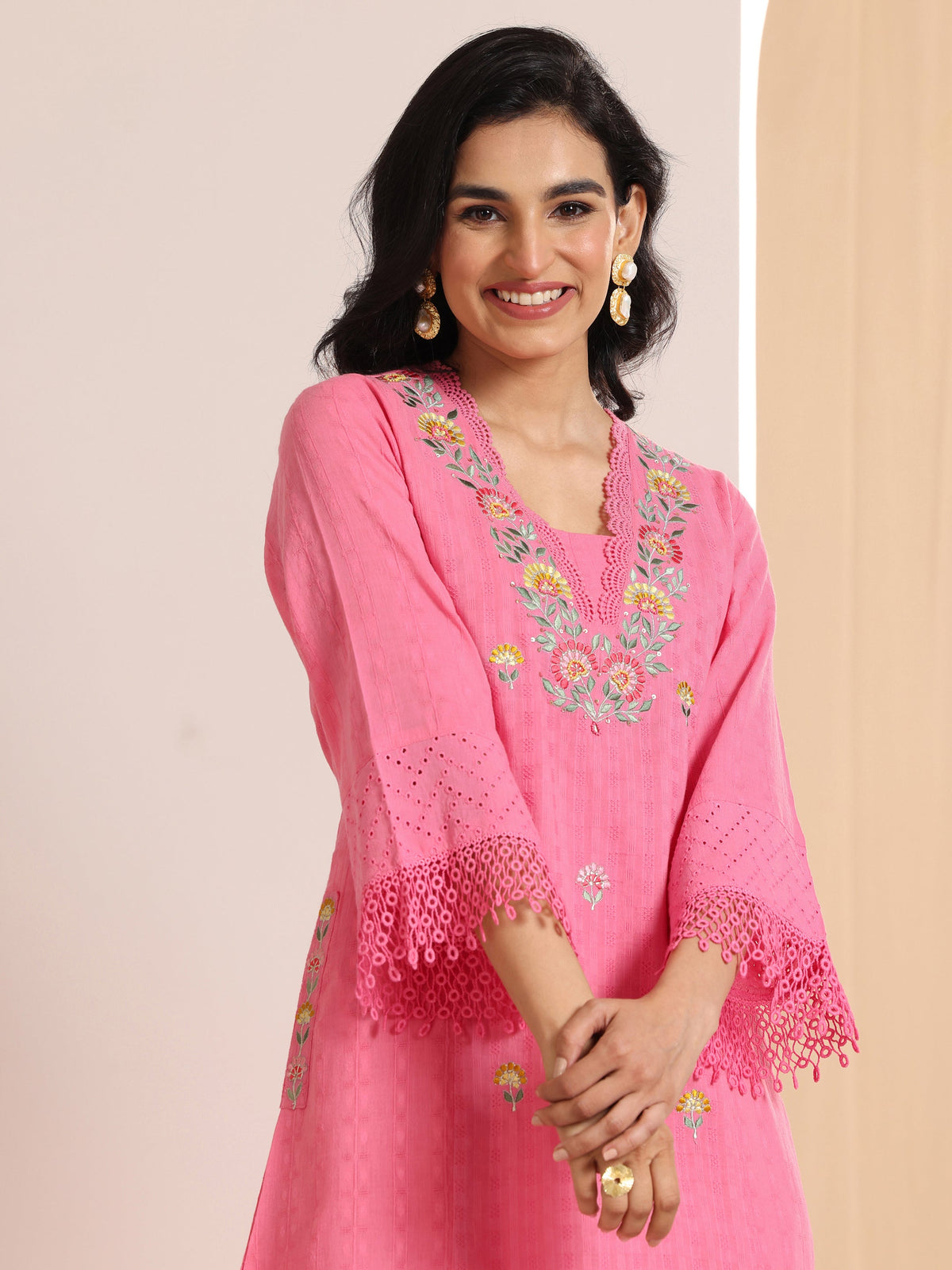 Anouk Pink Embroidered Cotton Straight Suit Set With Dupatta