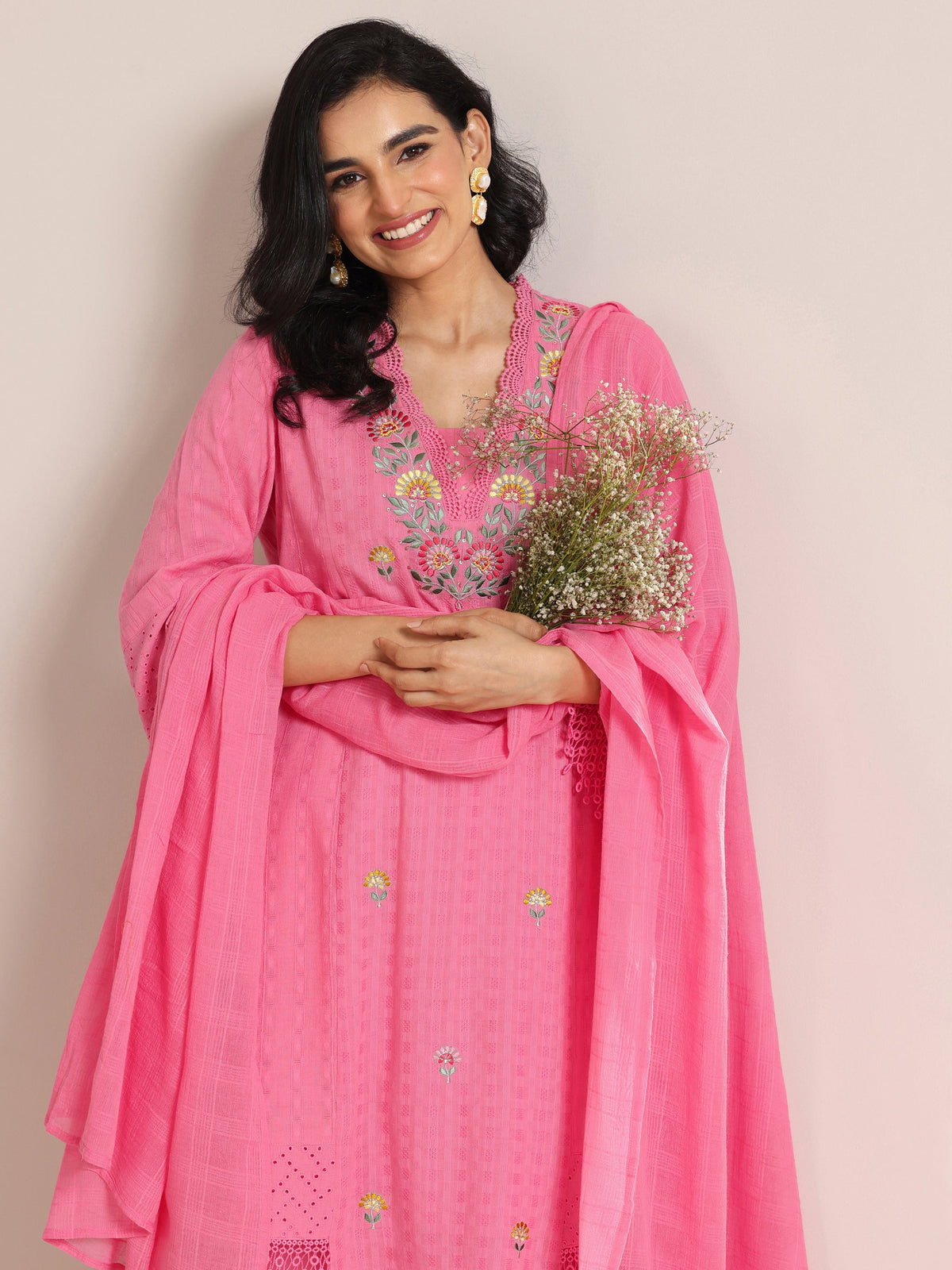 Anouk Pink Embroidered Cotton Straight Suit Set With Dupatta