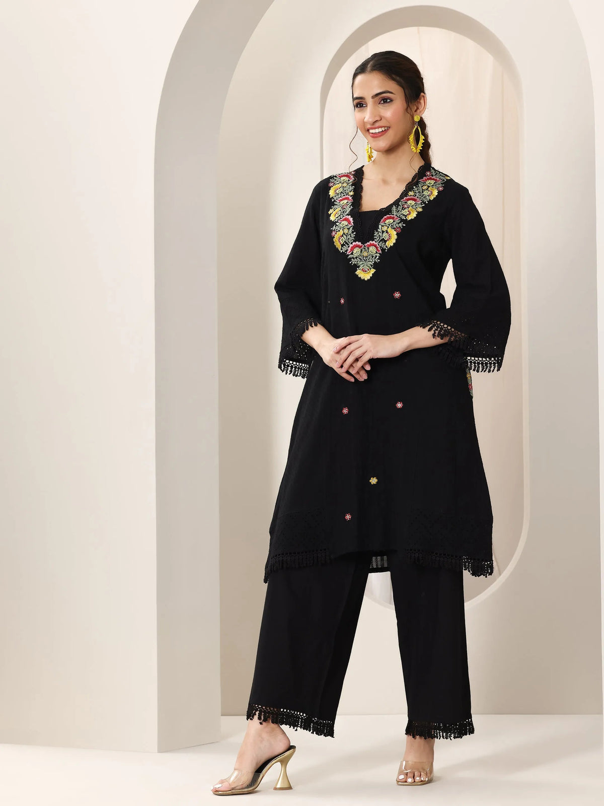 Anouk Black Embroidered Cotton Straight Suit Set With Dupatta