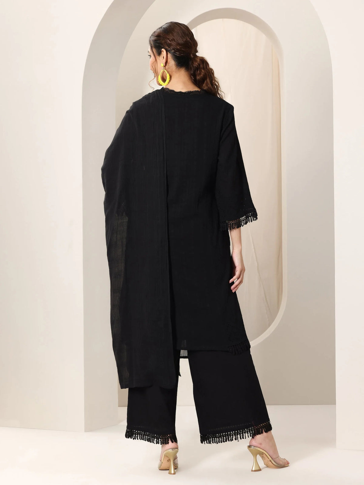 Anouk Black Embroidered Cotton Straight Suit Set With Dupatta
