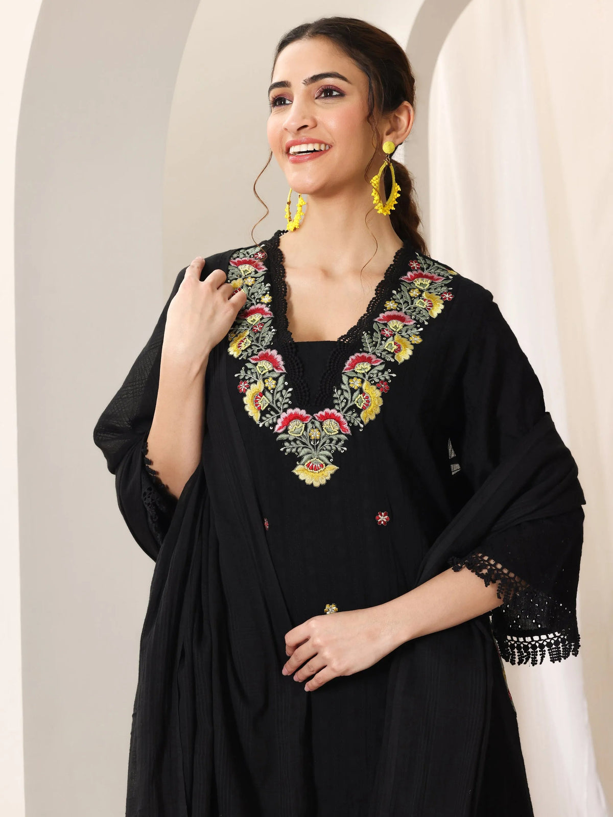 Anouk Black Embroidered Cotton Straight Suit Set With Dupatta
