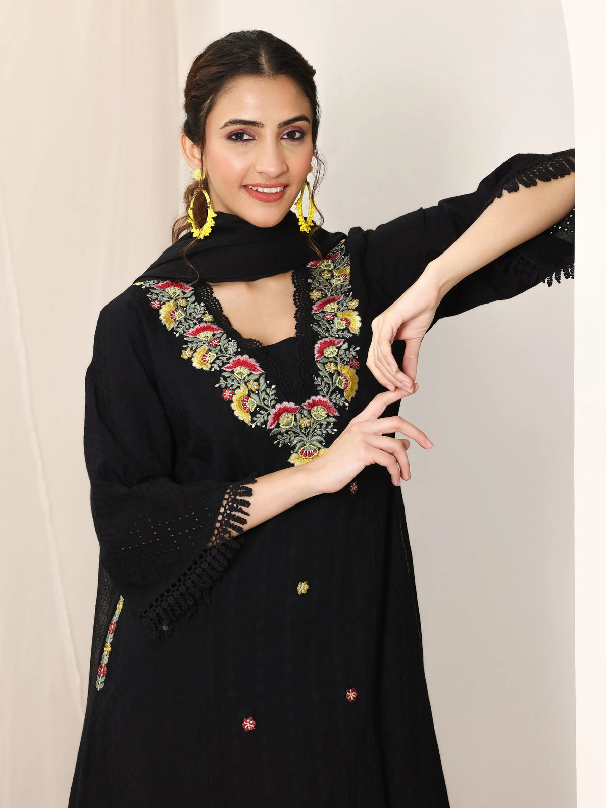 Anouk Black Embroidered Cotton Straight Suit Set With Dupatta
