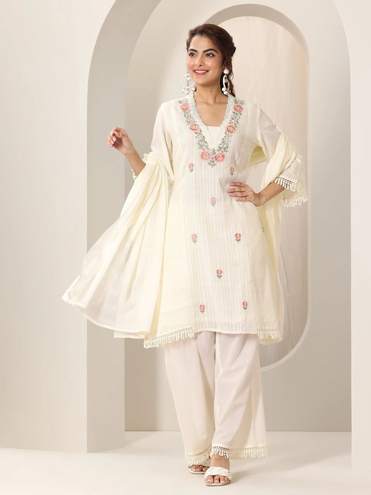 Anouk Off White Embroidered Cotton Straight Suit Set With Dupatta