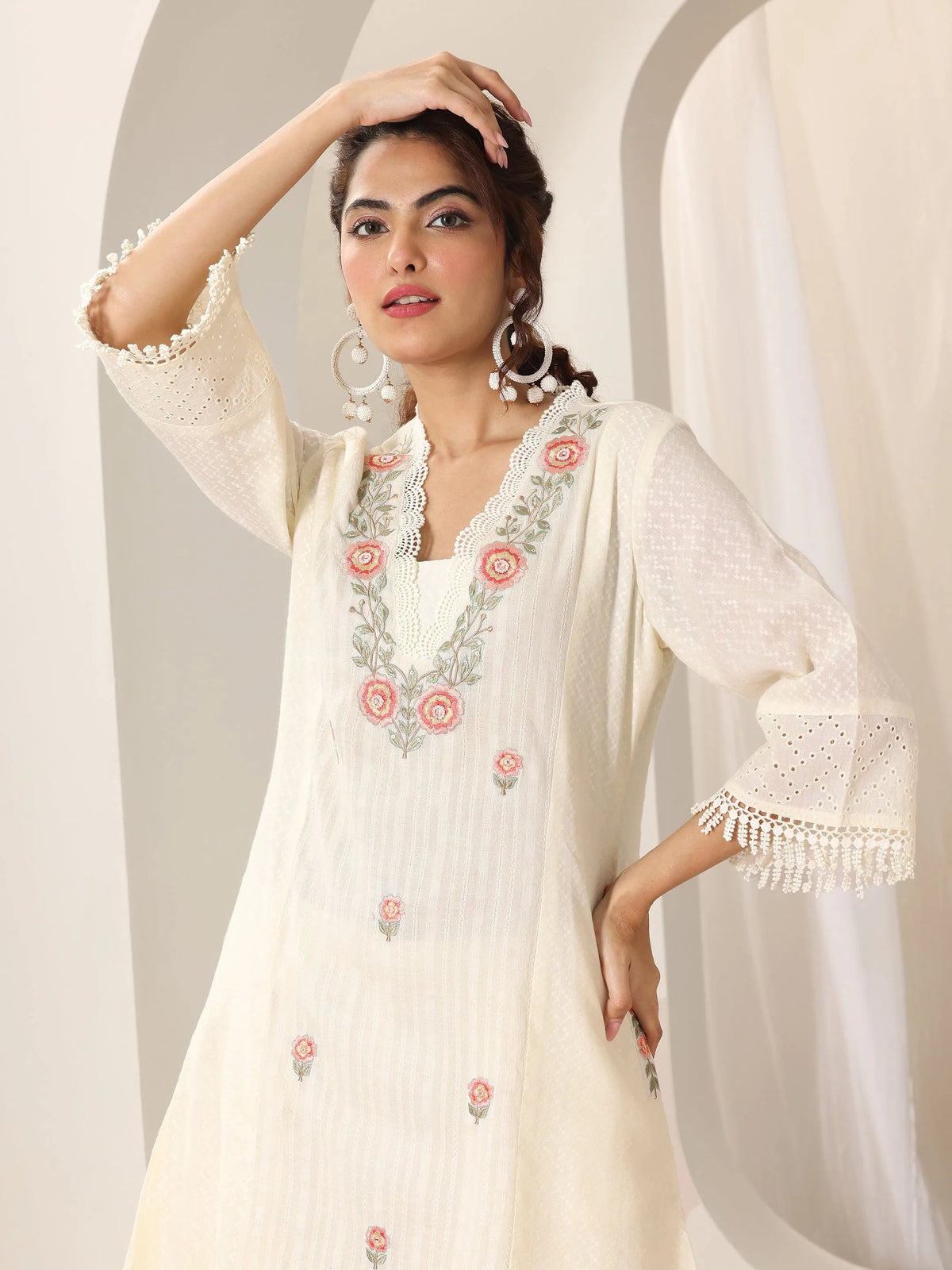 Anouk Off White Embroidered Cotton Straight Suit Set With Dupatta