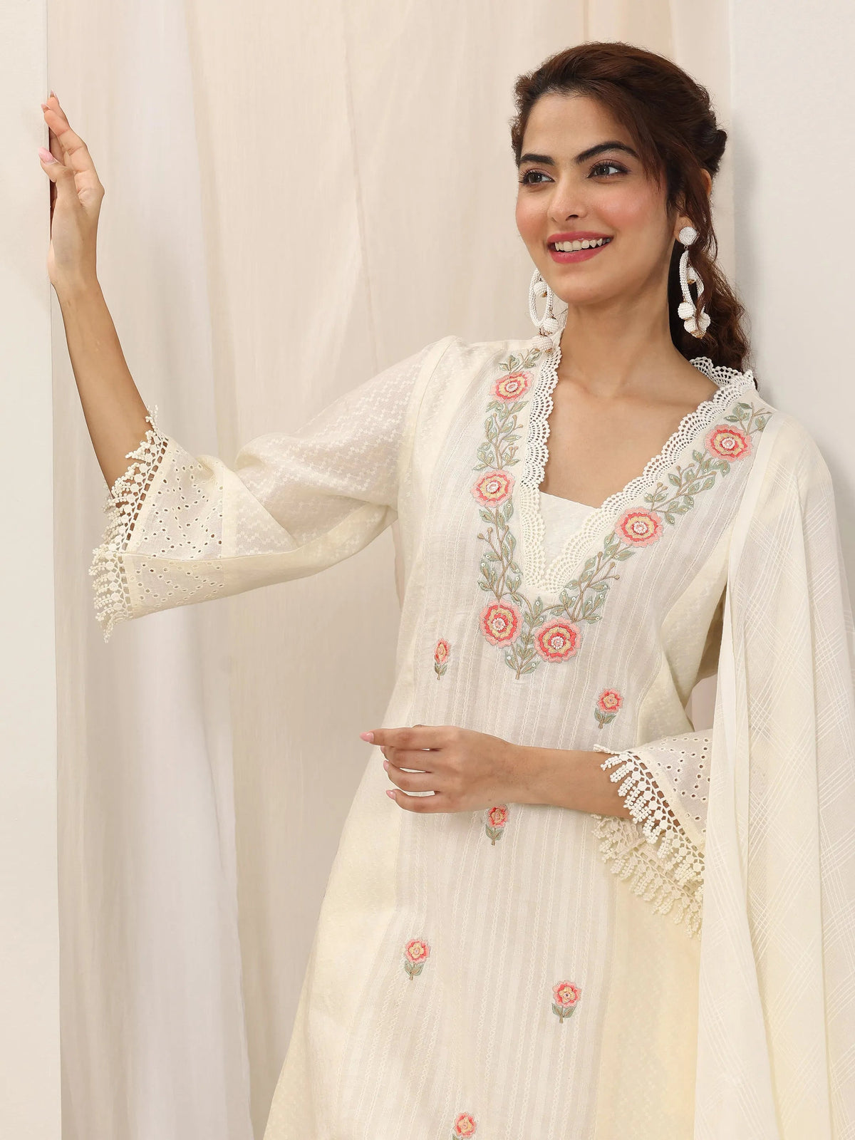 Anouk Off White Embroidered Cotton Straight Suit Set With Dupatta