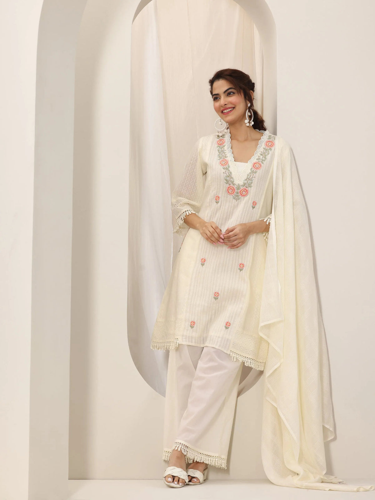 Anouk Off White Embroidered Cotton Straight Suit Set With Dupatta