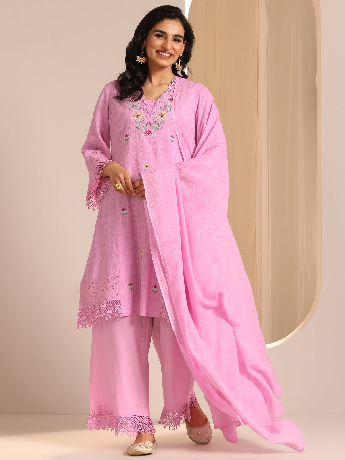 Anouk Lavender Embroidered Cotton Straight Suit Set With Dupatta