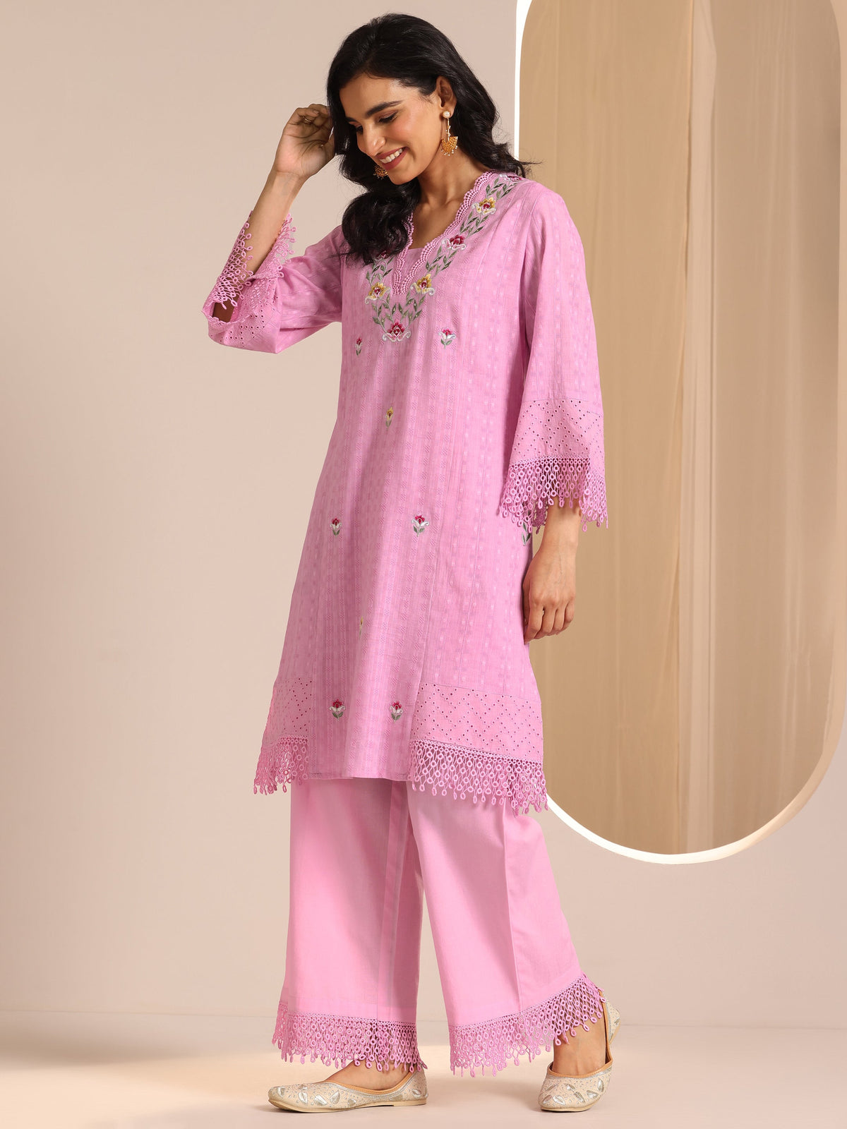 Anouk Lavender Embroidered Cotton Straight Suit Set With Dupatta