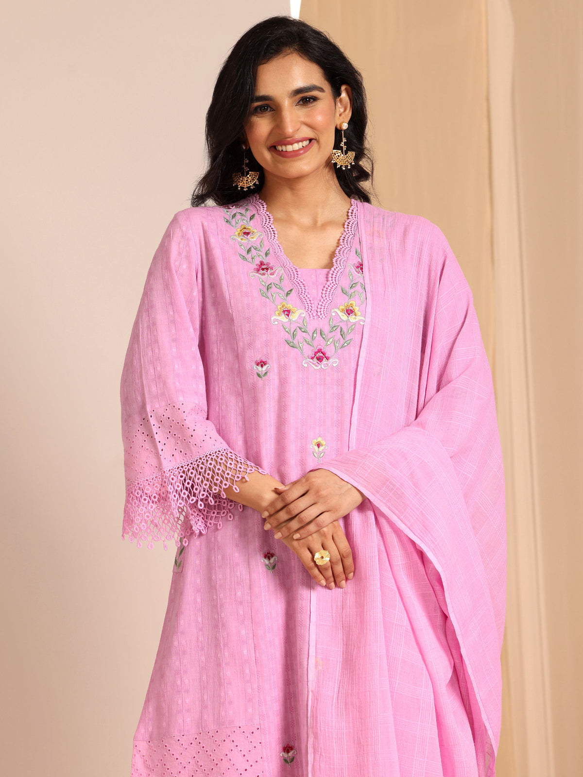 Anouk Lavender Embroidered Cotton Straight Suit Set With Dupatta