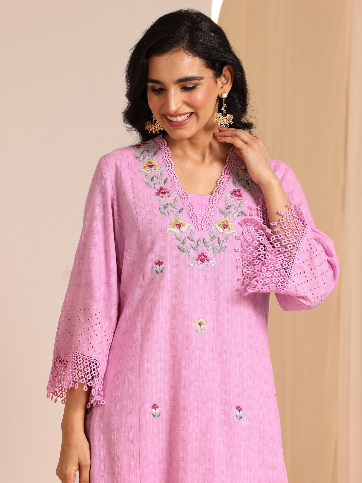 Anouk Lavender Embroidered Cotton Straight Suit Set With Dupatta