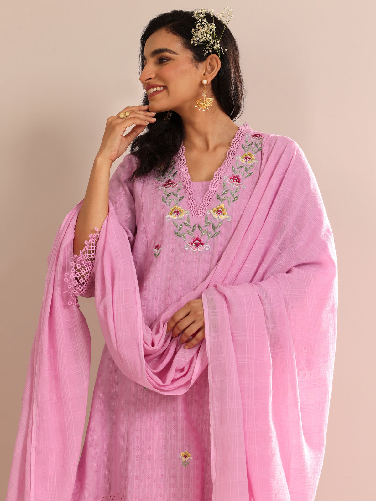 Anouk Lavender Embroidered Cotton Straight Suit Set With Dupatta