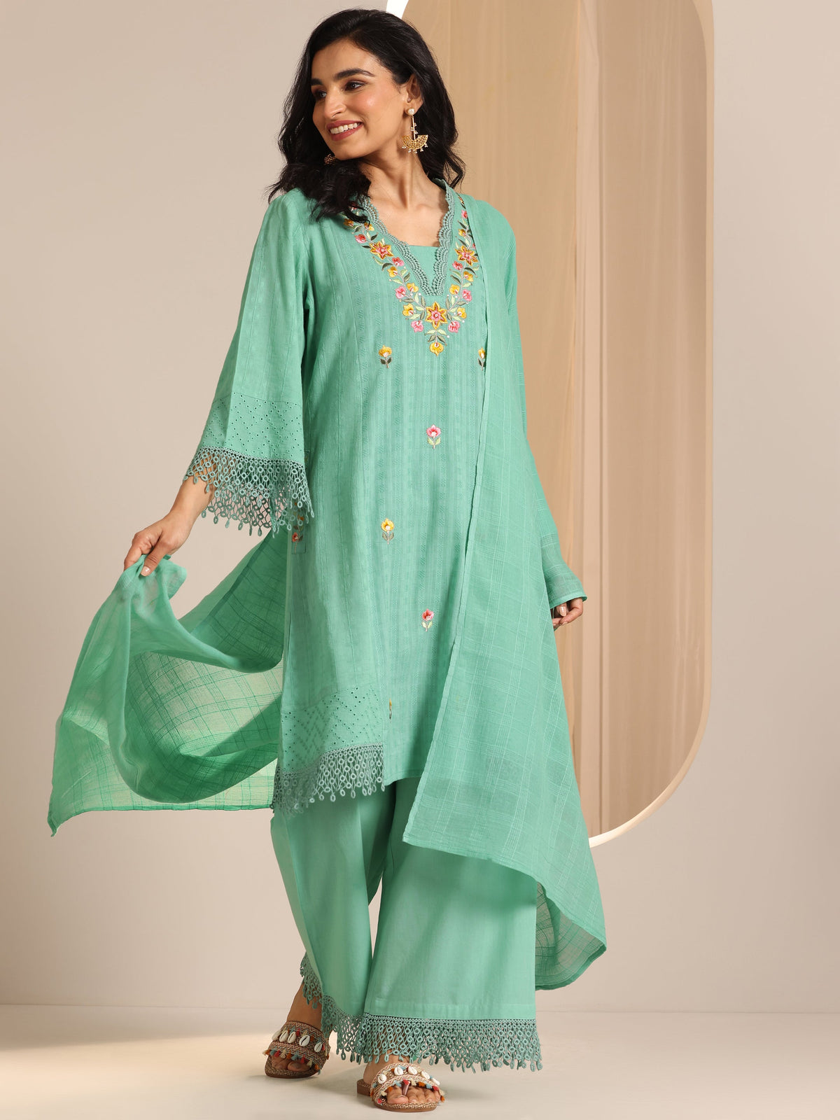 Anouk Green Embroidered Cotton Straight Suit Set With Dupatta