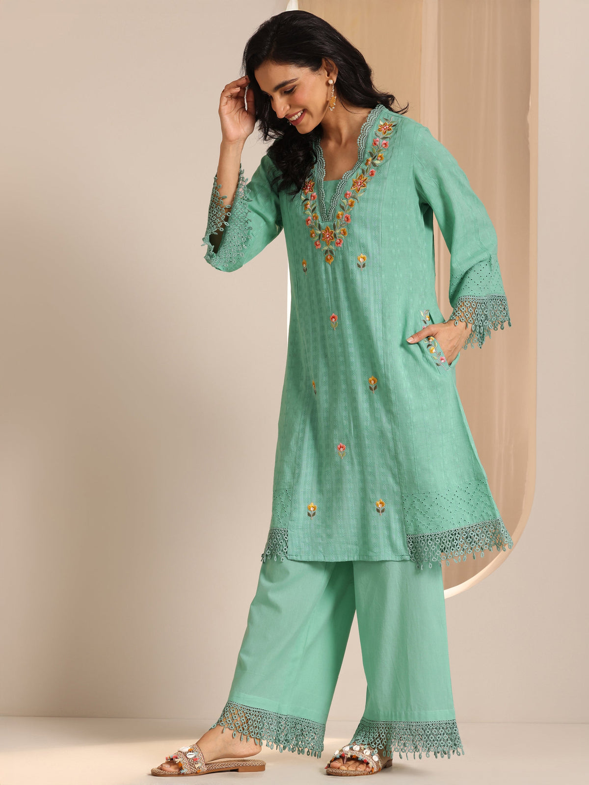 Anouk Green Embroidered Cotton Straight Suit Set With Dupatta
