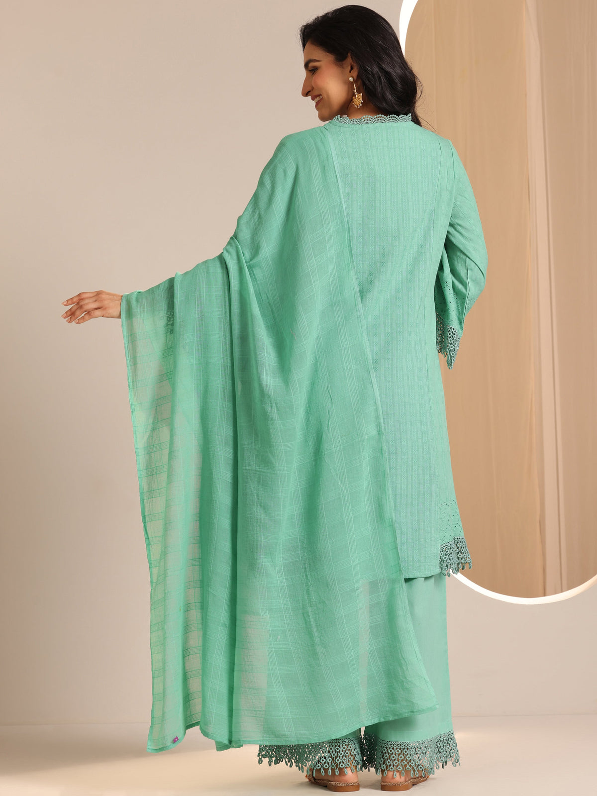 Anouk Green Embroidered Cotton Straight Suit Set With Dupatta