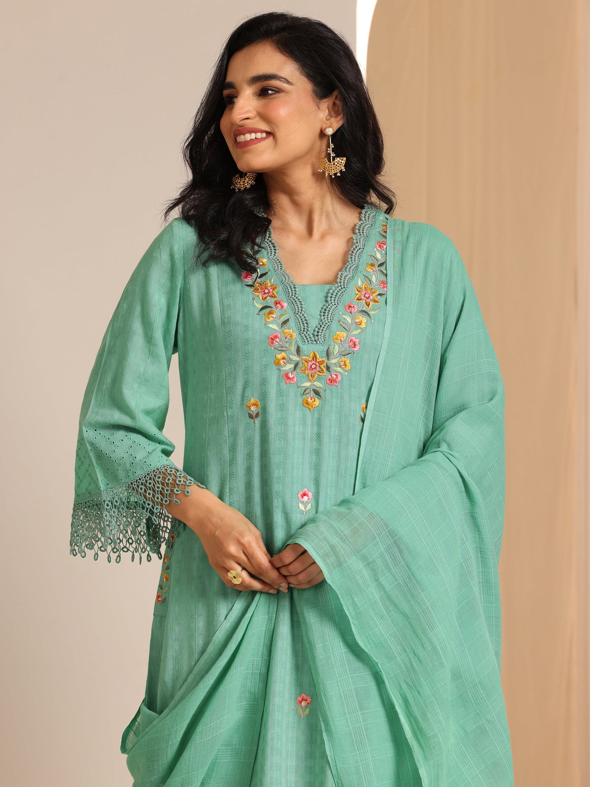 Anouk Green Embroidered Cotton Straight Suit Set With Dupatta