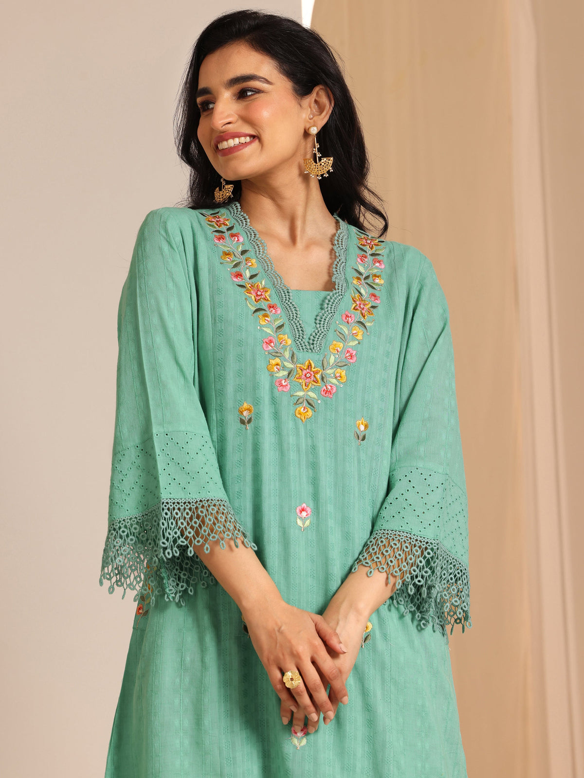 Anouk Green Embroidered Cotton Straight Suit Set With Dupatta