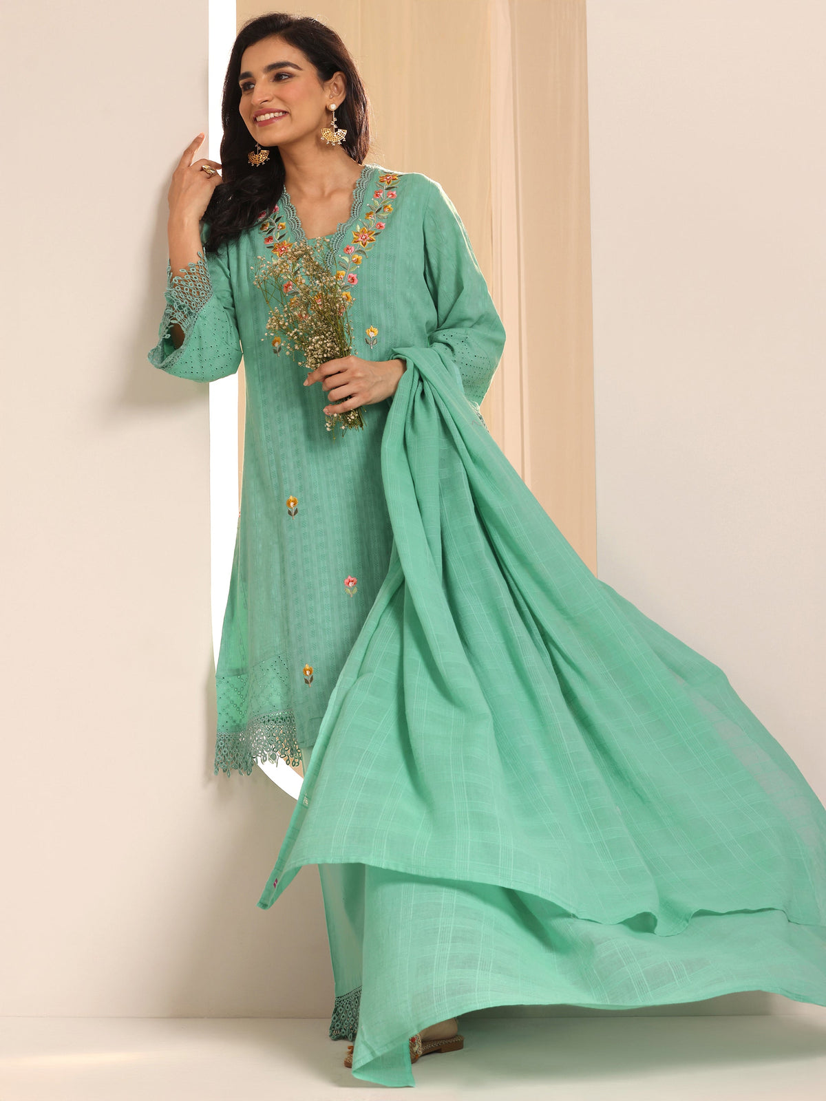 Anouk Green Embroidered Cotton Straight Suit Set With Dupatta