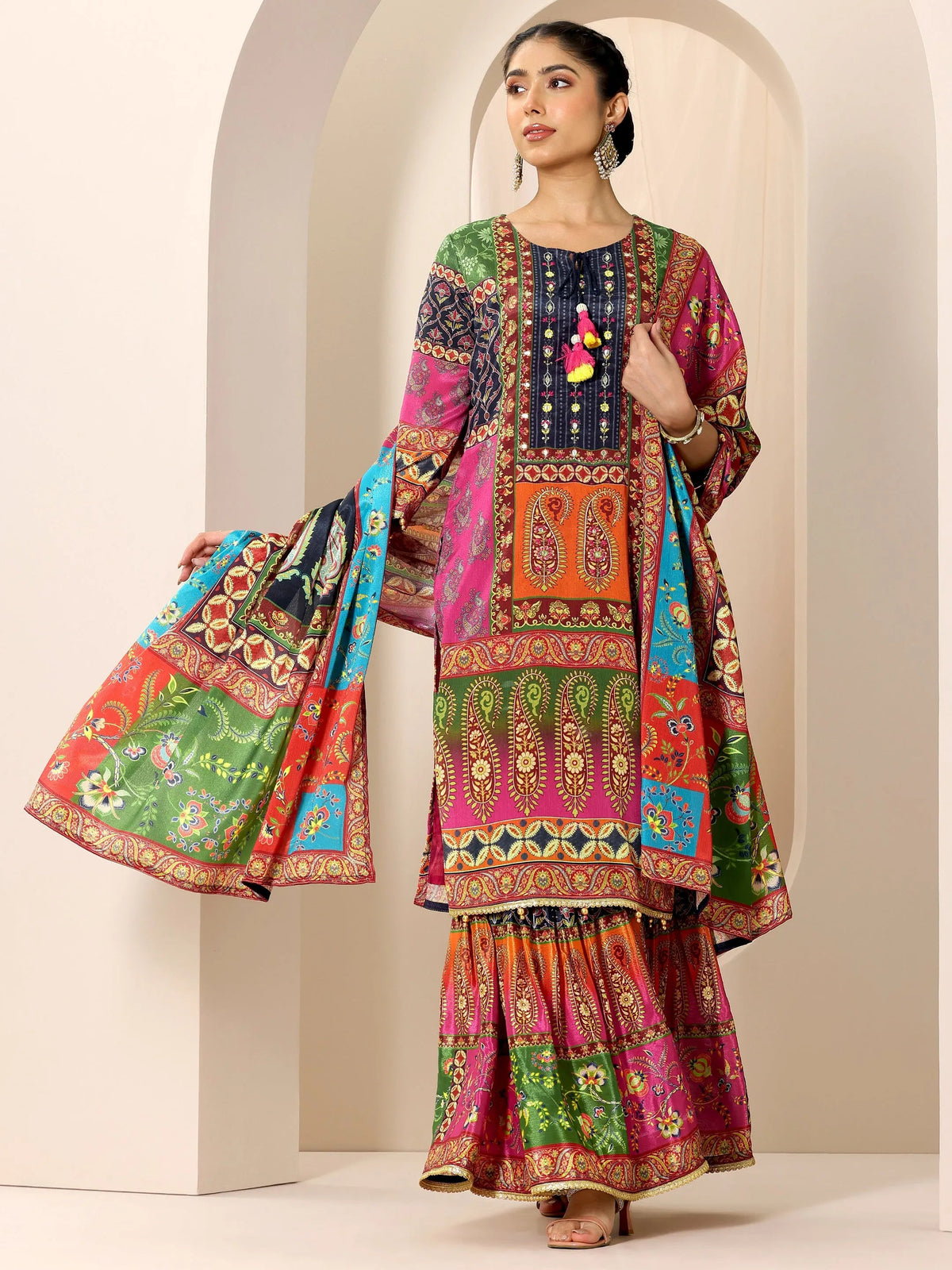 Anouk Multi Printed Chinon Straight Sharara Suit Set With Dupatta