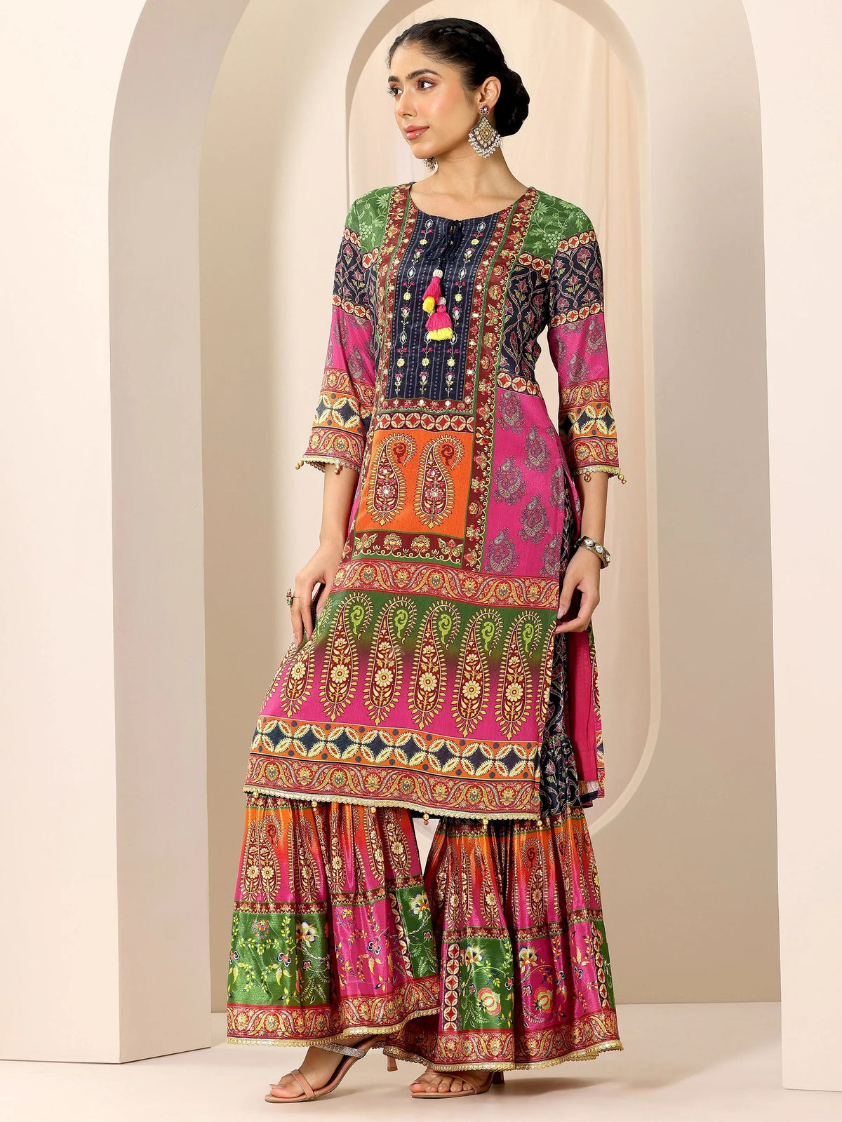 Anouk Multi Printed Chinon Straight Sharara Suit Set With Dupatta