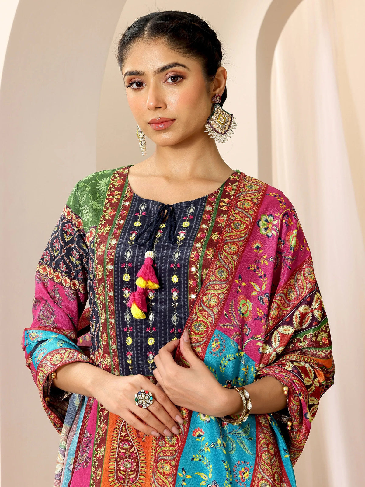 Anouk Multi Printed Chinon Straight Sharara Suit Set With Dupatta
